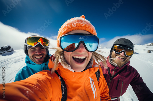 Sport and travel backgrounds. Winter, ski, snow and fun. Family enjoying ski holiday and taking selfie.