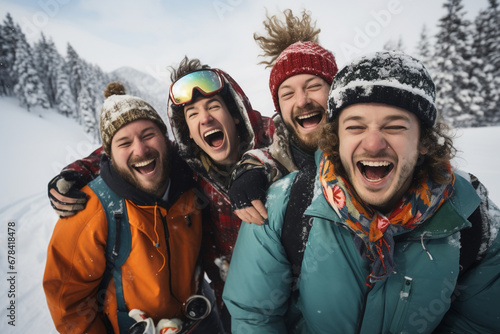 Group of cheerful friends on winter holidays. Skiers having fun on the snow and making selfie.