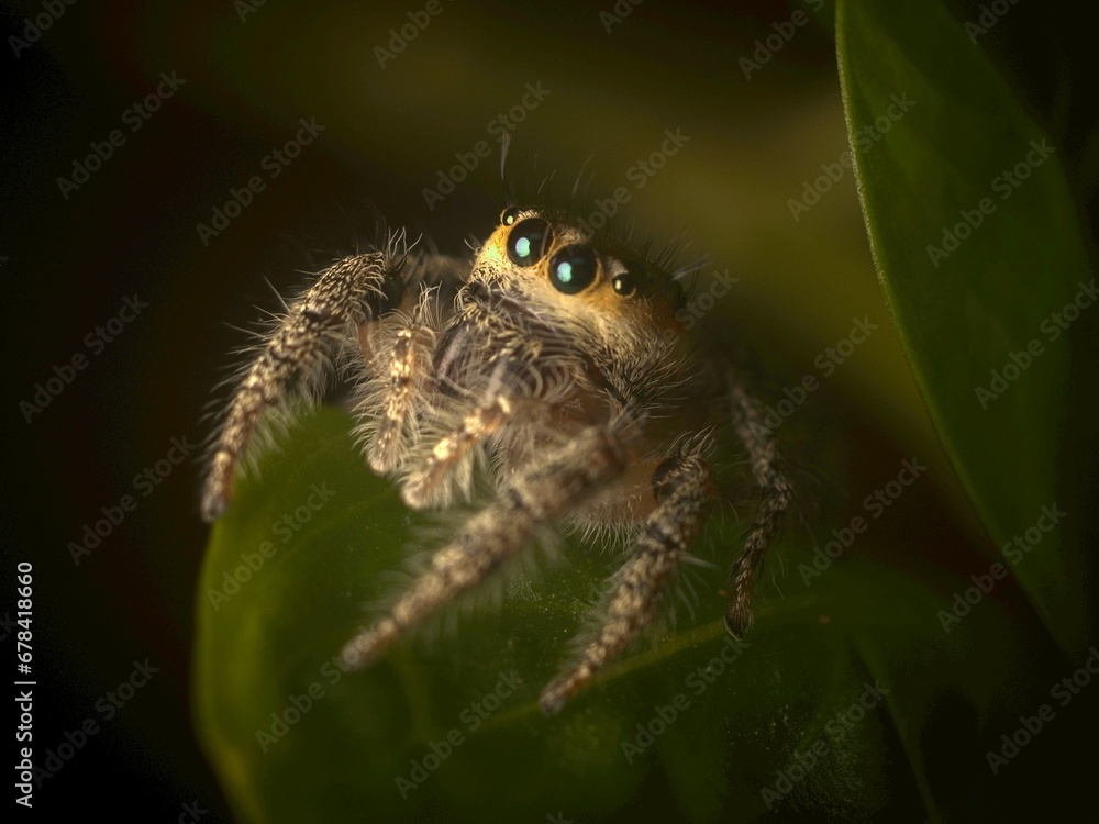 Macro shot of Hyllus semicupreus, the heavy-bodied jumper. Macro shot of Hyllus semicupreus, the heavy-bodied jumper.