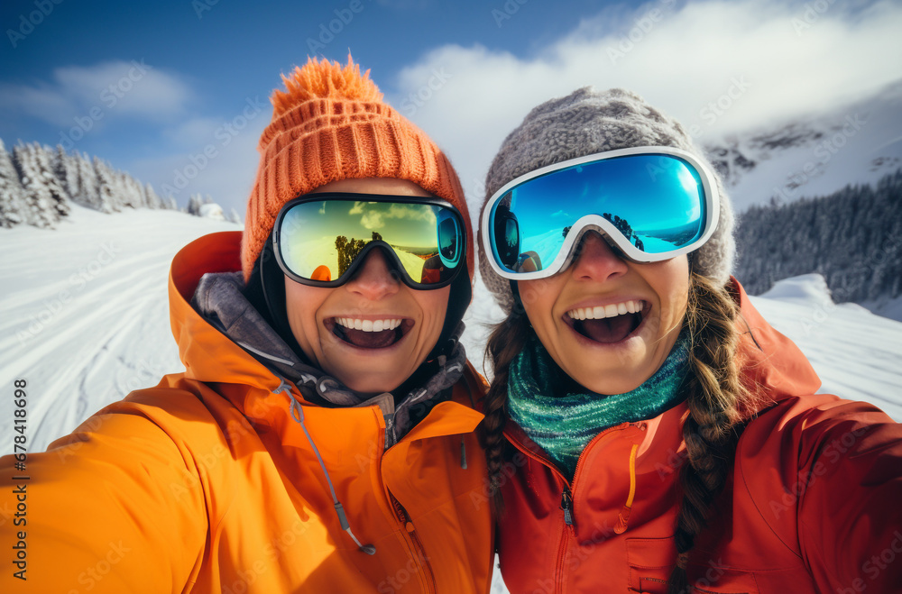 Sport and travel backgrounds. Winter, ski, snow and fun. Family enjoying ski holiday and taking selfie. Sport and travel backgrounds. Winter, ski, snow and fun. Family enjoying ski holiday and taking selfie.