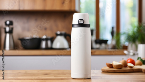 White thermos bottle at wooden table on blurry kitchen background, Backdrop with copy space photo