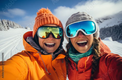 Sport and travel backgrounds. Winter, ski, snow and fun. Family enjoying ski holiday and taking selfie.