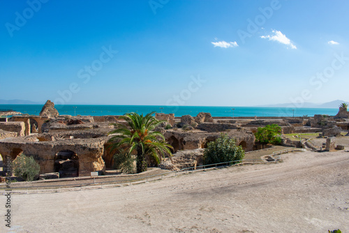 Panoramic view of ancient ruins with thermal baths, archaeological site in Carthage. Tunis, Tunisia 