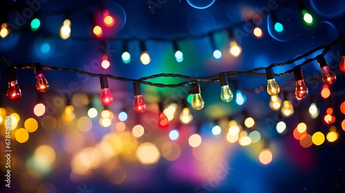 Colorful Christmas lights with bokeh effect on dark background.