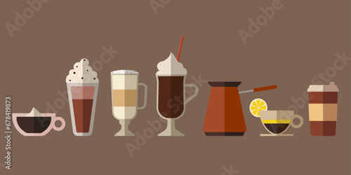Set of hot and cold drinks. Collection of different coffee types. Cappuccino, latte and coffee with lemon.  Paper mug, cups and glasses. Flat vector icon illustration isolated