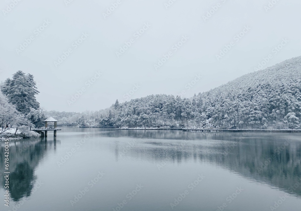 Scenic shot of a gazrbo on the coast of a lake in winter surrounded by lush forest