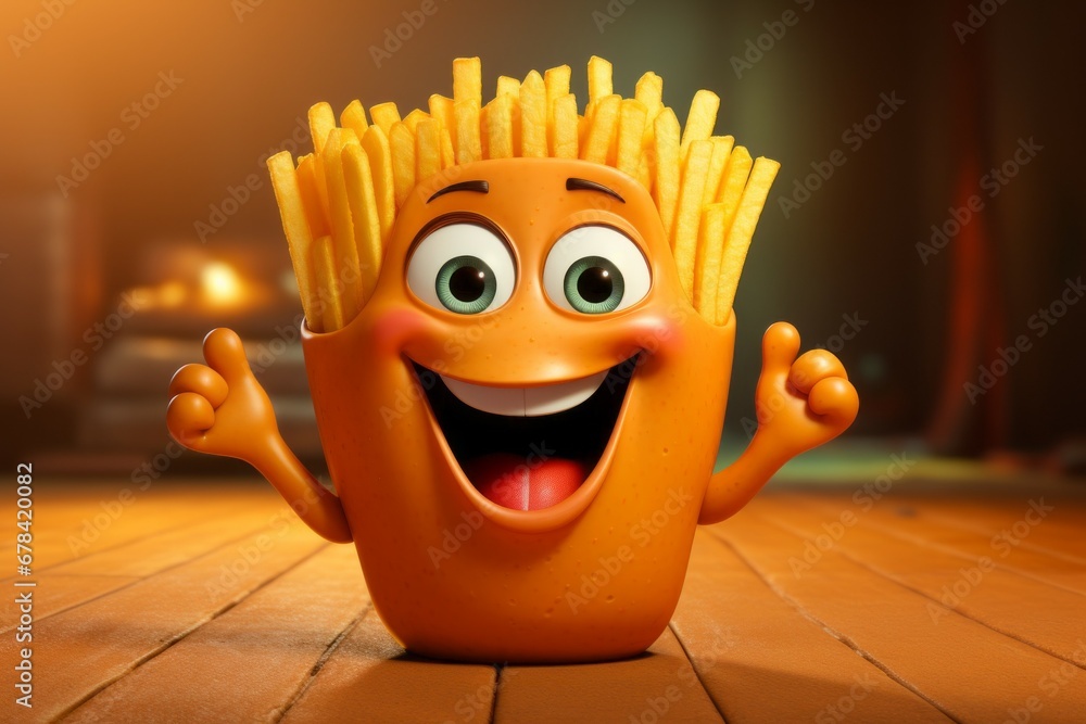 Cartoon character French fries. Illustration or drawing with selective focus and copy space - obrazy, fototapety, plakaty 