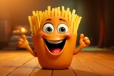 Cartoon character French fries. Illustration or drawing with selective focus and copy space