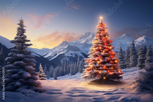 Decorated Christmas tree in the mountains. Merry Christmas and Happy New Year concept. Background with copy space