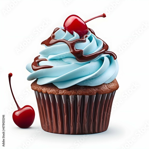 Cupcake with chocolate and cherry on transparent background