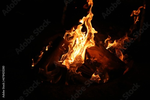 Closeup shot of burning bright orange flames in the dark