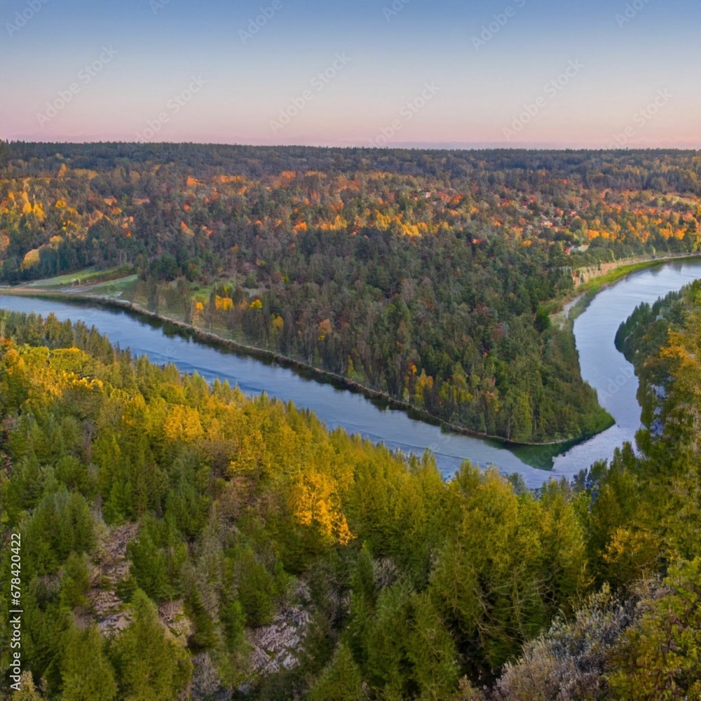 Breathtaking aerial view of a bend of a river, flowing along the evergreen forest, on a sunny day