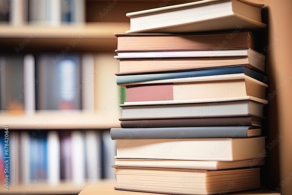 Stack of books on shelf in library, closeup. Education concept Stack of books on shelf in library, closeup. Education concept