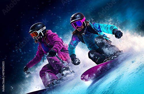 Sport background. Winter sport. Snowboarders jumping through air with deep blue sky in background. © Uros
