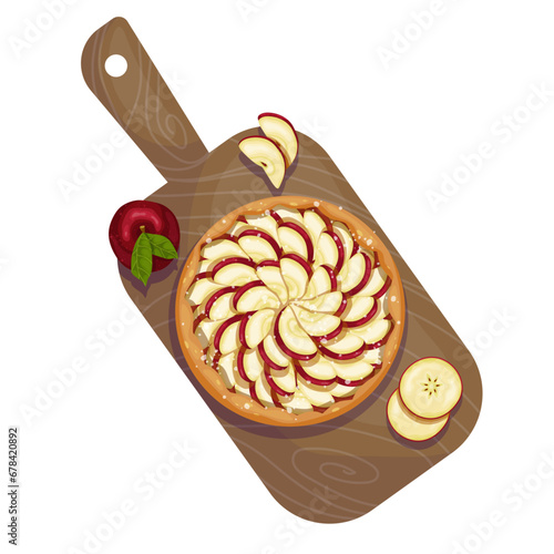 Apple pie with pieces of fruit on a kitchen wooden board.Vector graphics.