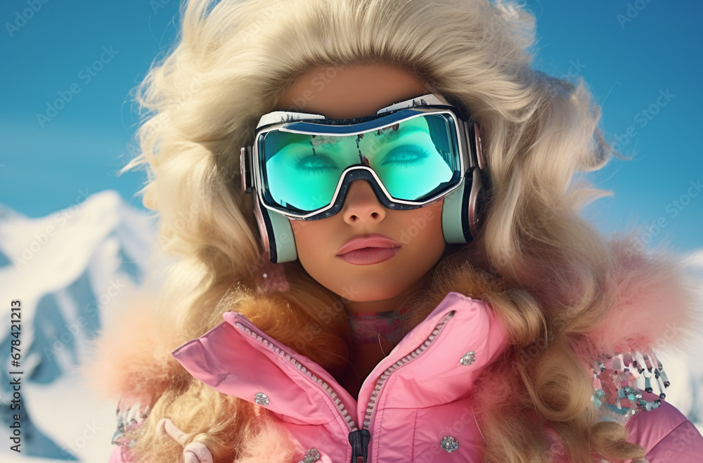 Snowboarder happy beautiful woman wear goggles isolated on plain pastel pink background. Winter extreme sport hobby weekend trip relax concept. Snowboarder happy beautiful woman wear goggles isolated on plain pastel pink background. Winter extreme sport hobby weekend trip relax concept.