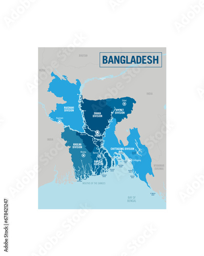 Bangladesh country political map. Detailed vector illustration with isolated provinces, departments, regions, cities, islands and states easy to ungroup.