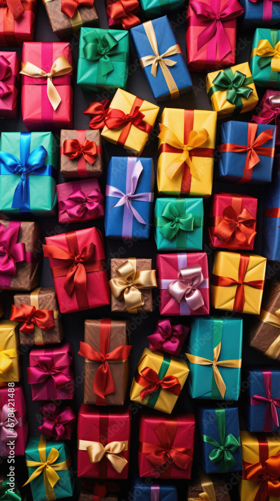 Colorful gift boxes on black background. Top view. Flat lay.