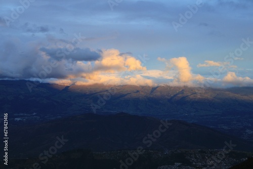 Landscape view of the Quito Ecuador visible from the Andes Mountain Range covered with clouds