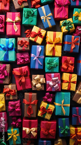 Colorful gift boxes on black background. Top view. Flat lay.