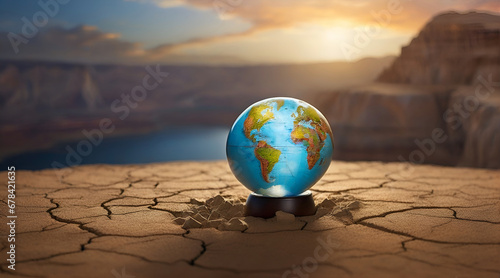 A desolate scene on cracked earth, bathed in warm sunlight, reveals a striking terrestrial globe.