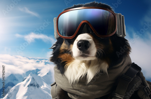 Ski, snow and fun. Happy dog with sunglasses enjoying winter holiday. © Uros
