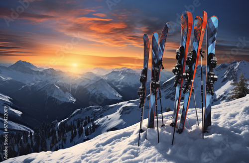 Ski in winter season, mountains and ski touring backcountry equipments on the top of snowy mountains. photo