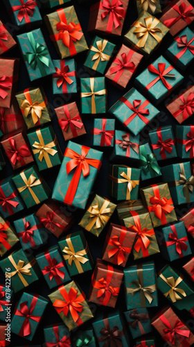 Colorful gift boxes with ribbons and bows on a dark background.