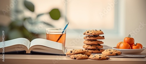 Cozy home with treats books glasses soda phone and pen on table