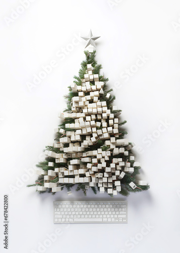 Christmas tree made of fir branches with ornaments made of Keyboard keys on isolated white background. Invitation, greeting or gift Xmas card. Computer store or repair service.
