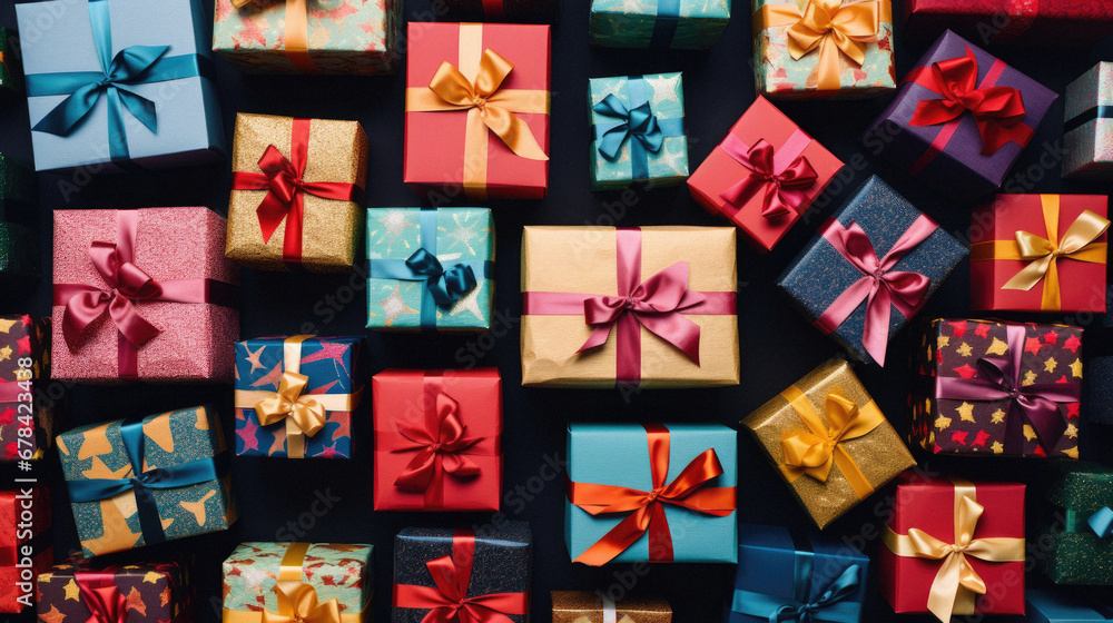 Top view of colorful gift boxes on dark background. Christmas, birthday or other celebration concept. Top view of colorful gift boxes on dark background. Christmas, birthday or other celebration concept.