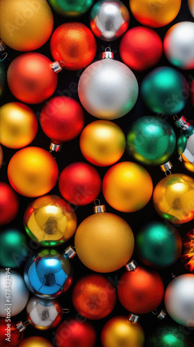 Colorful christmas baubles on black background, top view.