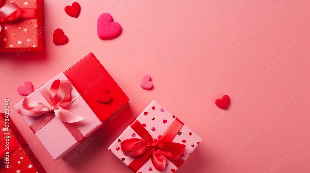 Pink gift box with red bow on pink background with red hearts. Holiday web banner. Top view.. The concept of holiday surprise for Valentines Day, New Year or Christmas. Valentines Day concept. Pink gift box with red bow on pink background with red hearts. Holiday web banner. Top view.. The concept of holiday surprise for Valentines Day, New Year or Christmas. Valentines Day concept.