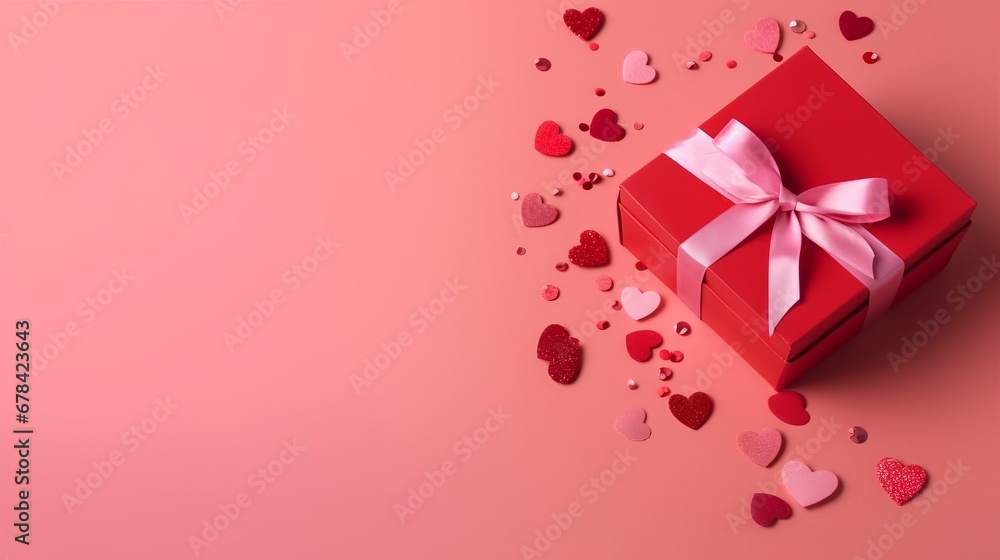 Pink gift box with red bow on pink background with red hearts. Holiday web banner. Top view.. The concept of holiday surprise for Valentines Day, New Year or Christmas. Valentines Day concept. Pink gift box with red bow on pink background with red hearts. Holiday web banner. Top view.. The concept of holiday surprise for Valentines Day, New Year or Christmas. Valentines Day concept.