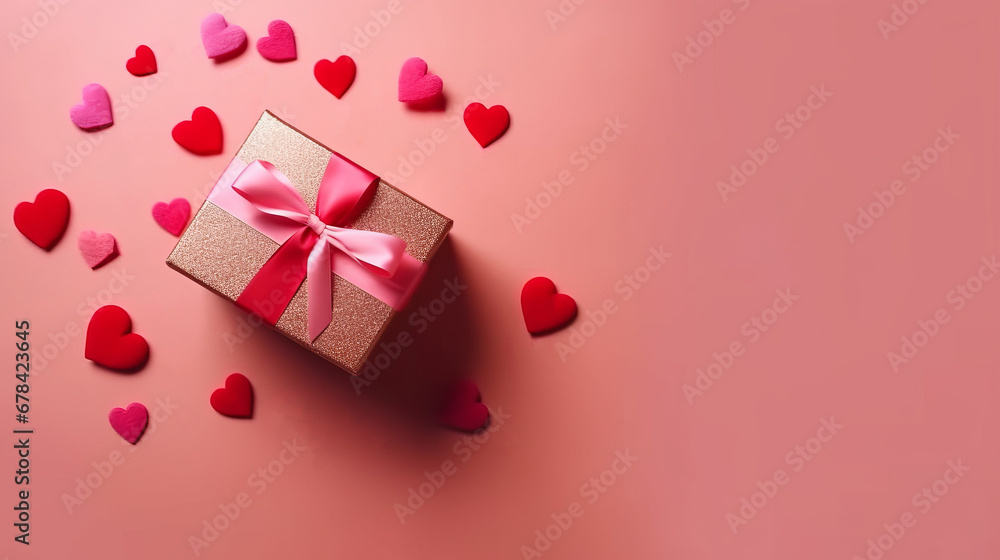 Pink gift box with red bow on pink background with red hearts. Holiday web banner. Top view.. The concept of holiday surprise for Valentines Day, New Year or Christmas. Valentines Day concept. Pink gift box with red bow on pink background with red hearts. Holiday web banner. Top view.. The concept of holiday surprise for Valentines Day, New Year or Christmas. Valentines Day concept.