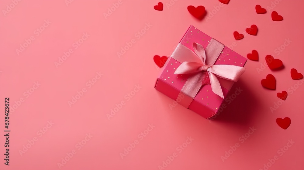 Pink gift box with red bow on pink background with red hearts. Holiday web banner. Top view.. The concept of holiday surprise for Valentines Day, New Year or Christmas. Valentines Day concept. Pink gift box with red bow on pink background with red hearts. Holiday web banner. Top view.. The concept of holiday surprise for Valentines Day, New Year or Christmas. Valentines Day concept.