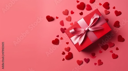 Pink gift box with red bow on pink background with red hearts. Holiday web banner. Top view.. The concept of holiday surprise for Valentines Day, New Year or Christmas. Valentines Day concept. © IC Production