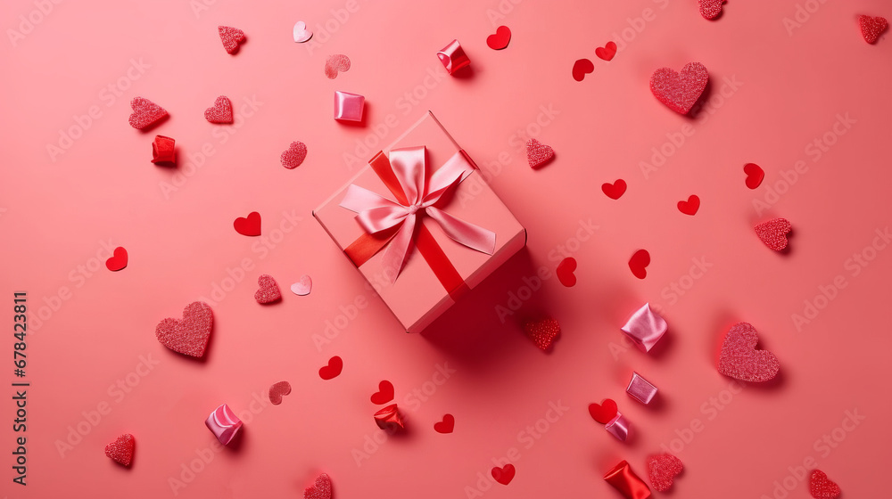 Pink gift box with red bow on pink background with red hearts. Holiday web banner. Top view.. The concept of holiday surprise for Valentines Day, New Year or Christmas. Valentines Day concept. Pink gift box with red bow on pink background with red hearts. Holiday web banner. Top view.. The concept of holiday surprise for Valentines Day, New Year or Christmas. Valentines Day concept.