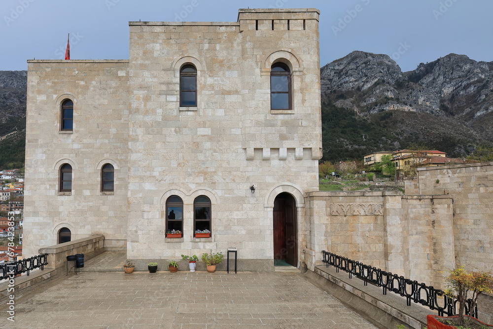 Detail of the Skanderbeg Museum building in the castle grounds, housing memorabilia of the eponymous national hero. Kruje-Albania-044