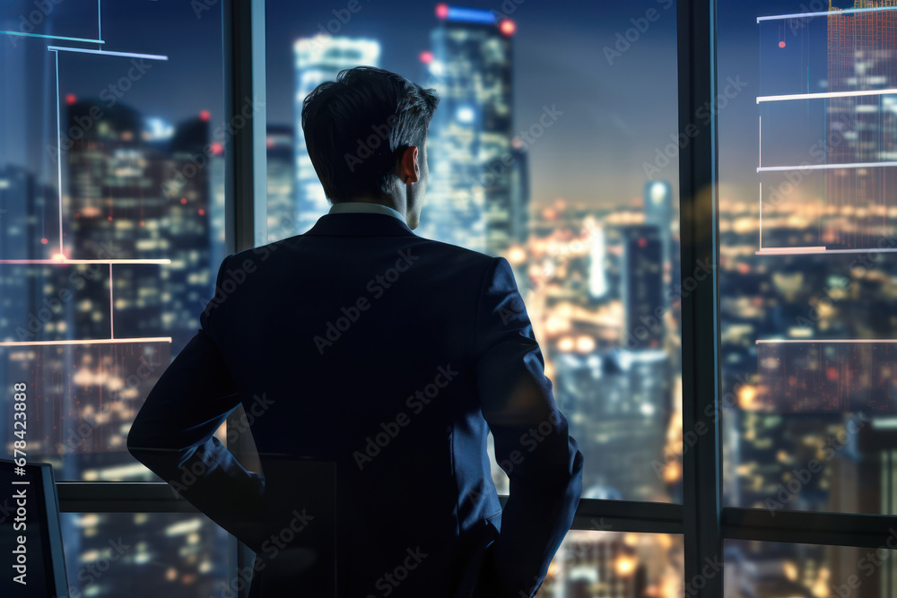 A reflective businessman is positioned within an abstract office setting, surrounded by a luminous chart and a nocturnal cityscape, conveying the concept of holograms and finance A reflective businessman is positioned within an abstract office setting, surrounded by a luminous chart and a nocturnal cityscape, conveying the concept of holograms and finance