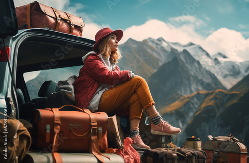 Fashionable woman taking a break on a trip to final vacation destination in mountains. Beautiful landscape and peaceful mind.