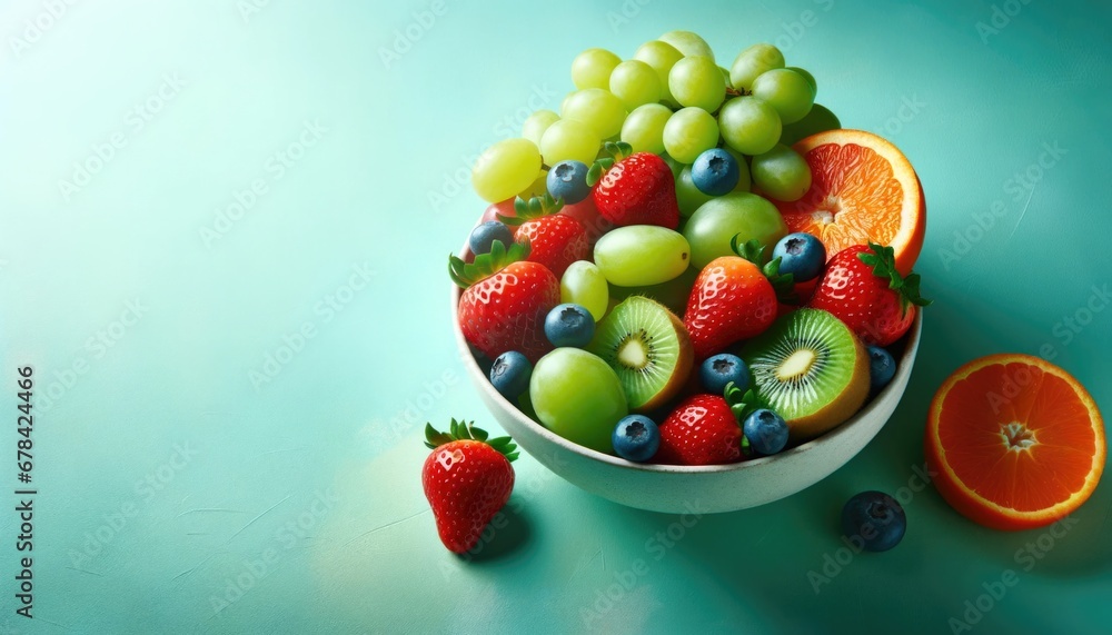 Fresh Mixed Fruit Bowl on Teal Background Fresh Mixed Fruit Bowl on Teal Background