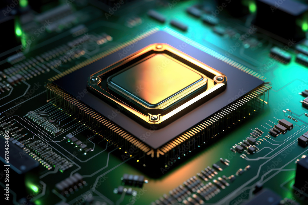 A technology-infused background highlights a circuit board, delving into the central computer processors (CPU and GPU) concept, where a digital chip is integrated into the motherboard A technology-infused background highlights a circuit board, delving into the central computer processors (CPU and GPU) concept, where a digital chip is integrated into the motherboard
