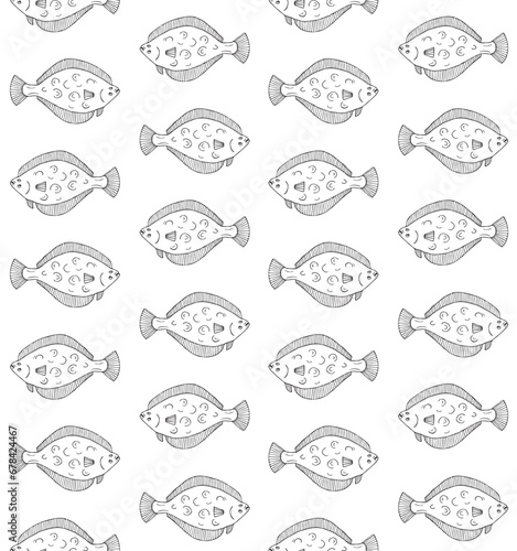 Vector seamless pattern of hand drawn doodle sketch flounder fish isolated on white background