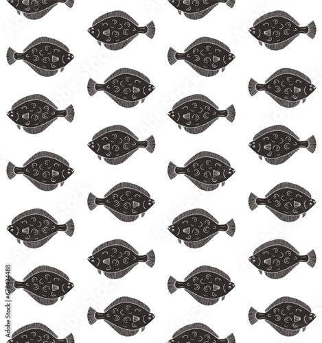 Vector seamless pattern of hand drawn doodle sketch flounder fish isolated on white background