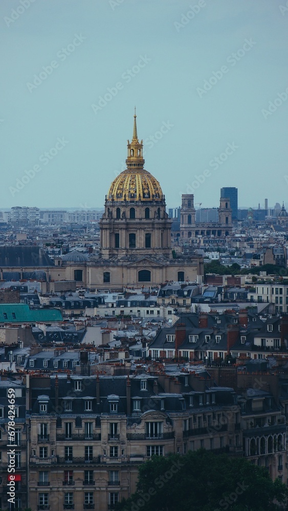 Vertical shot of the Tomb of Napoleon Bonaparte with the city in the background, Paris, France
