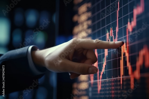 Close up of businessman hand pointing at creative chart index hologram on blurry background with reflection. trade, business market and finance analysis concept