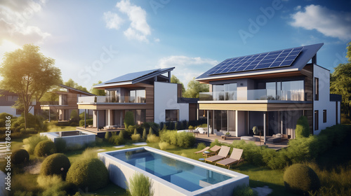 modern houses with solar panels on their roofs created with Generative AI © Jannik