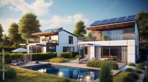 modern houses with solar panels on their roofs created with Generative AI © Jannik