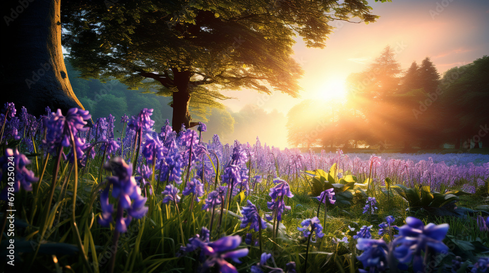 Naklejka premium sunrise in the field, created with generative AI technology